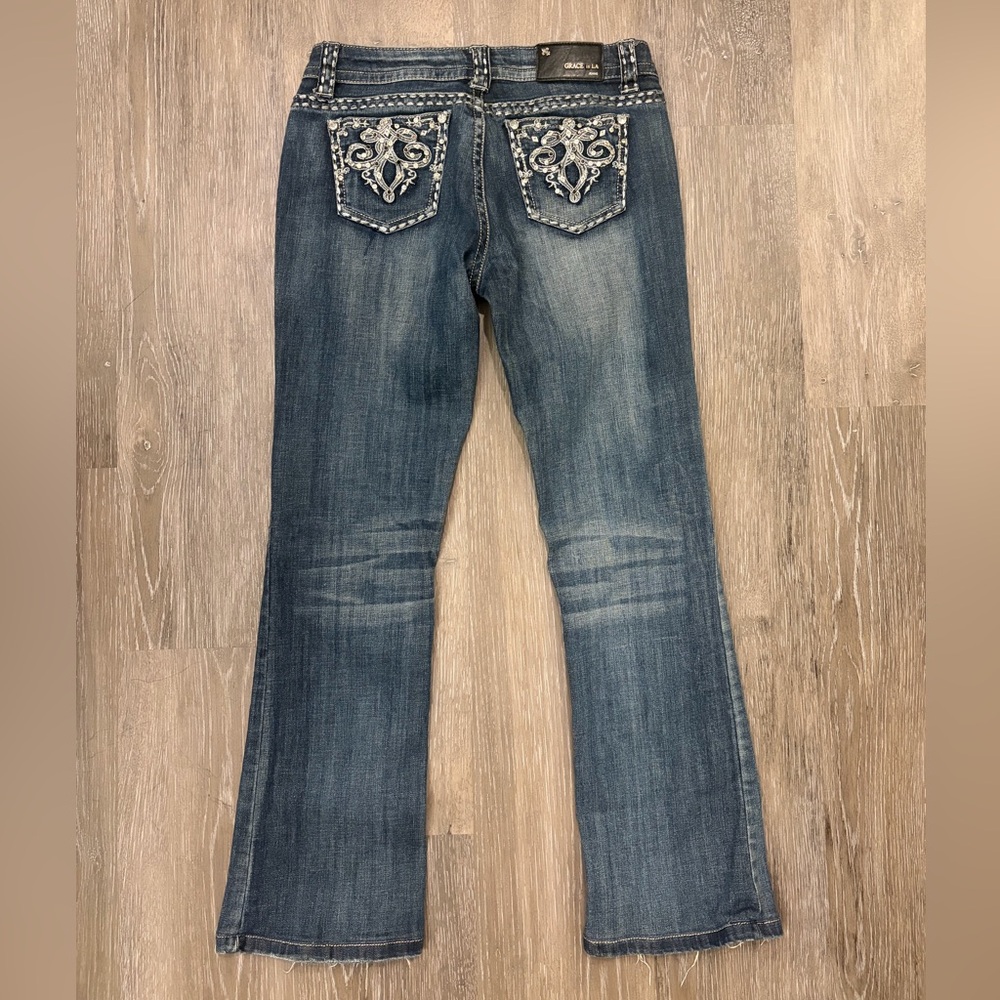 Grace In La Embellished Back Pocket Blue Jeans